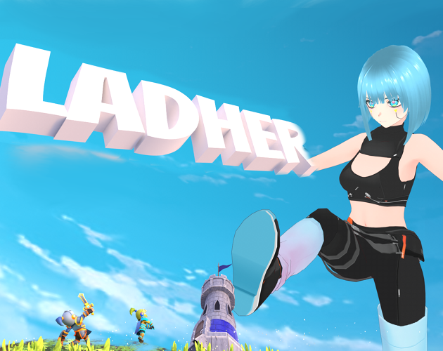 Ladher cover art: a giant woman kicking across a blue sky while tiny knights charge a tower